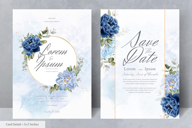 Vector elegant wedding stationery with navy blue flower and leaves