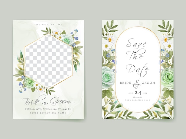 エレガントな白と緑のバラの結婚式の招待カード
