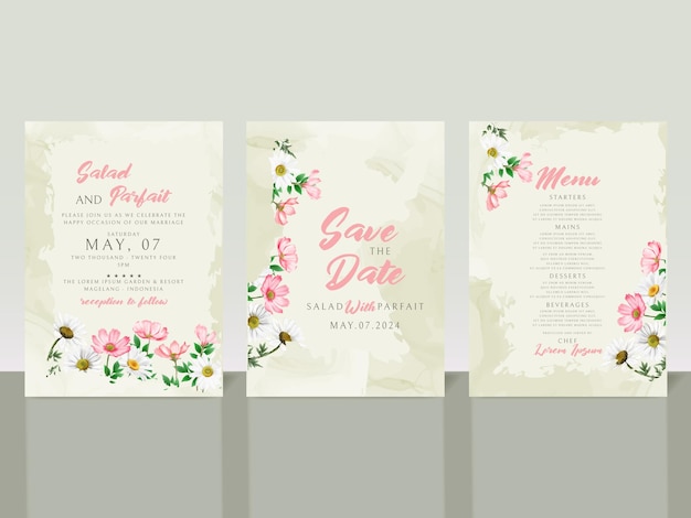 エレガントな白とピンクの花の結婚式の招待状