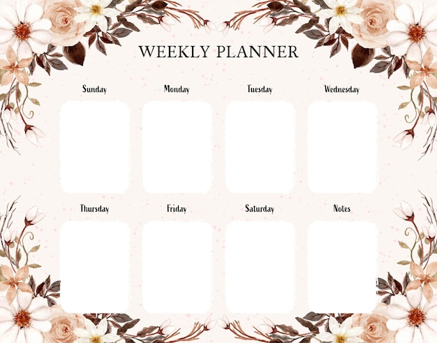 Elegant white and brown watercolor floral weekly planner