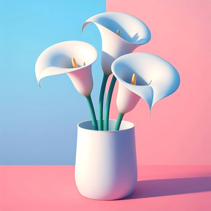 Vector elegant white calla lilies in modern vase on colorful geometric background