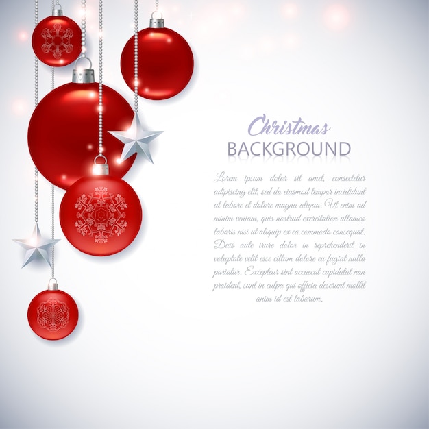 Elegant white christmas background with red christmas balls, stars and sparks.