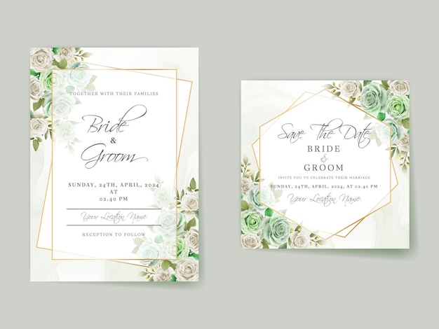 エレガントな白と緑のバラの結婚式の招待カード