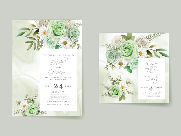 Elegant white and greenery roses wedding invitation card