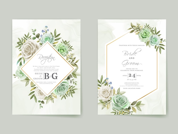 Vector elegant white and greenery roses wedding invitation card