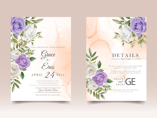 Elegant white and purple flowers wedding invitation card template