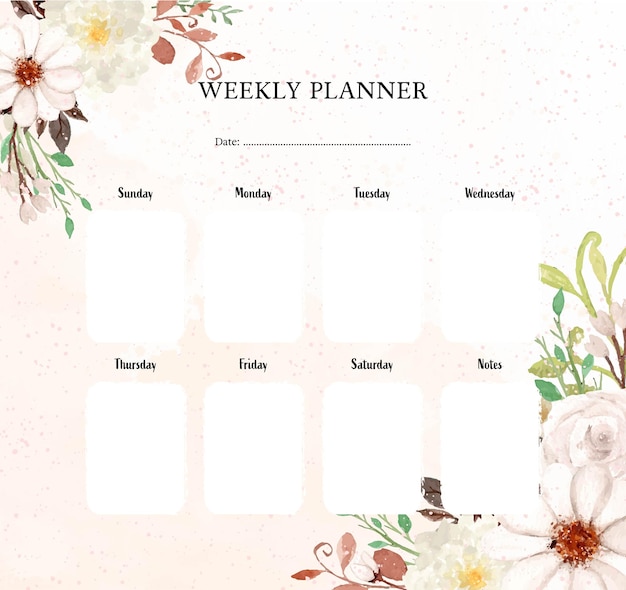 Elegant white watercolor floral weekly planner