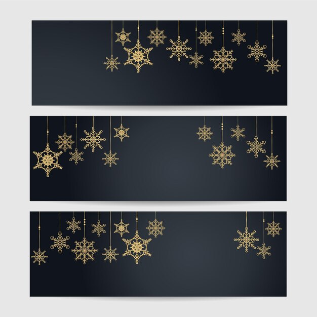 Vettore banner modello di design fiocco di neve elegante inverno nero oro