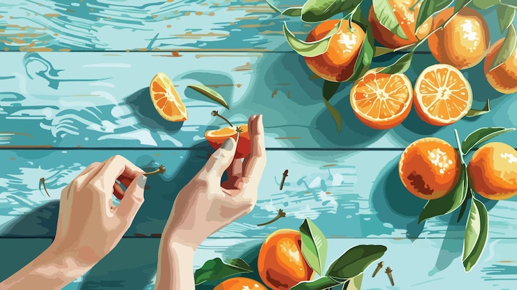 Vector elegant woman decorating fresh tangerine with cloves in soft light