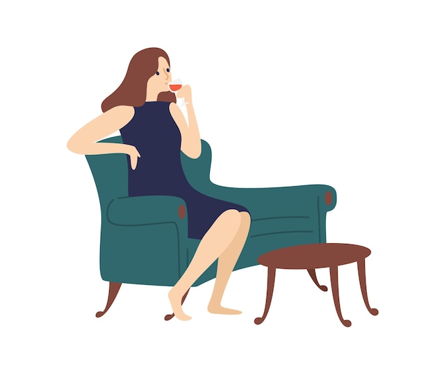 Elegant woman drinking wine sitting on couch vector flat illustration. Joyful female relaxing at home with bocal of alcohol beverage isolated on white background. Girl resting on comfortable sofa.