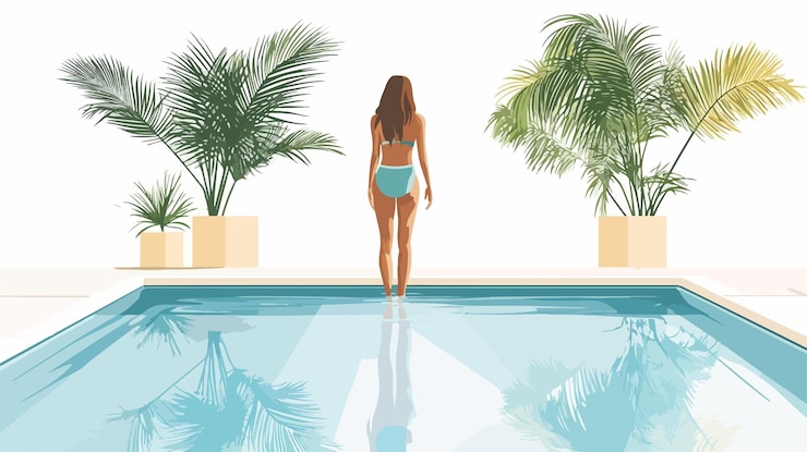 Vector elegant woman entering pool with palm tree reflections