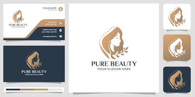 Elegant woman face, hairdresser, beauty salon logo design with business card template.premium vector