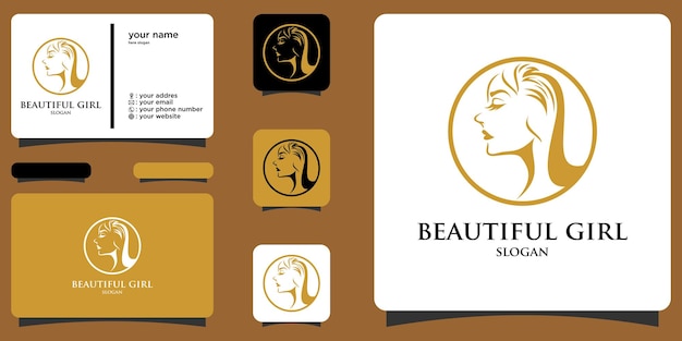 Элегантный логотип лица женщины с вектором премиум визитной карточки