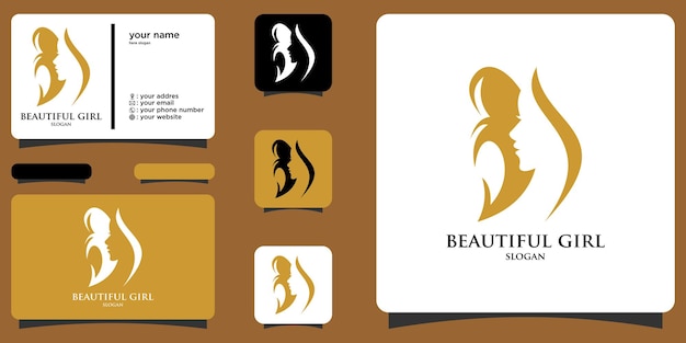 Elegant woman face logo with business card premium vector