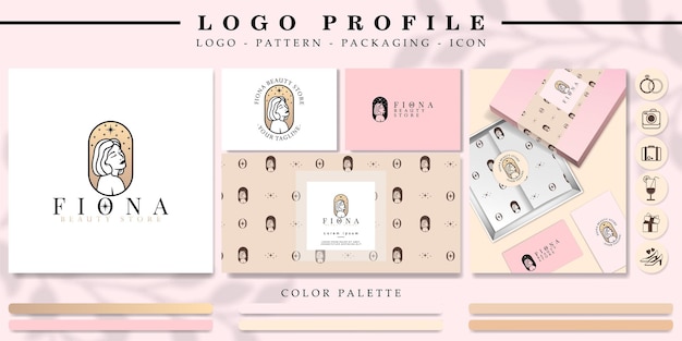 Vector elegant woman head logo branding with pattern and icon set