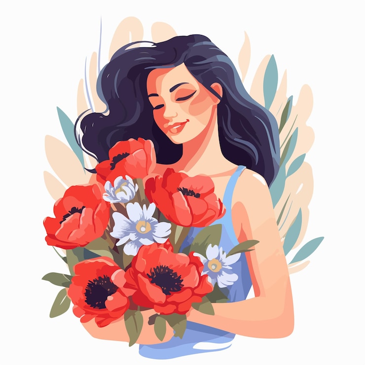 Vector elegant woman holding beautiful flower bouquet