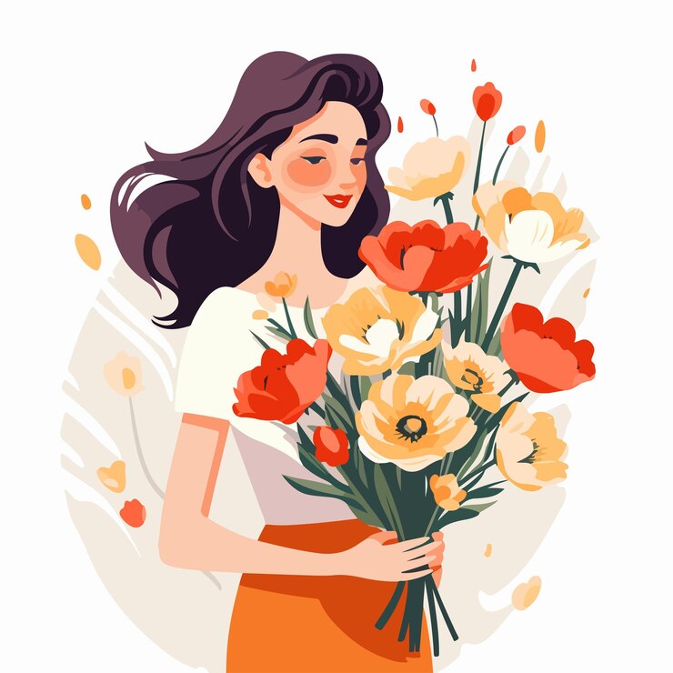 Vector elegant woman holding beautiful flower bouquet