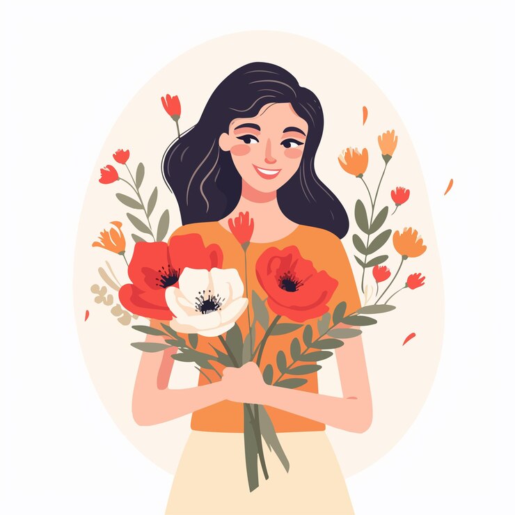 Vector elegant woman holding beautiful flower bouquet