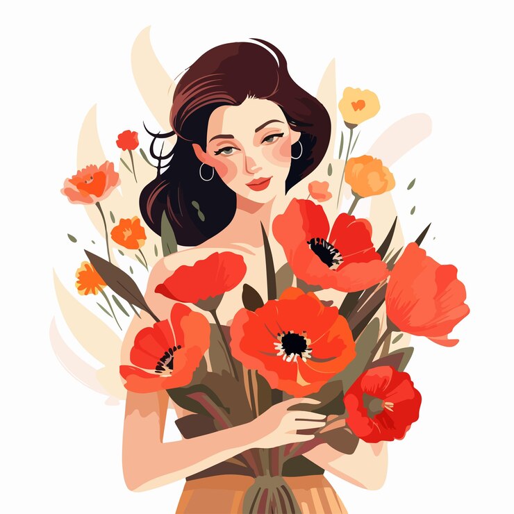 Vector elegant woman holding beautiful flower bouquet