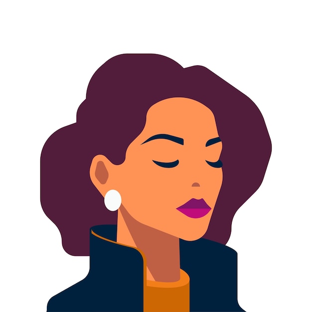 Vector elegant woman portrait with retro hair purple lips makeup fashion avatar vector flat illustration