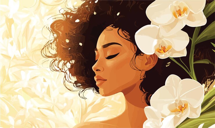 Vector elegant woman surrounded by delicate orchids