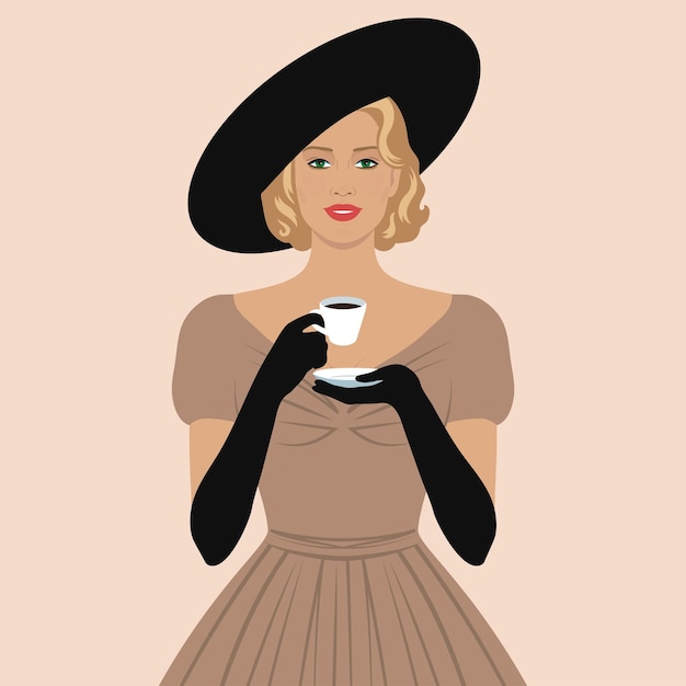 Donna elegante con una tazza di caffè in mano invito a carta poster vintage