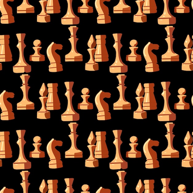 Elegant wooden chess in flat style on a black background luxury seamless pattern