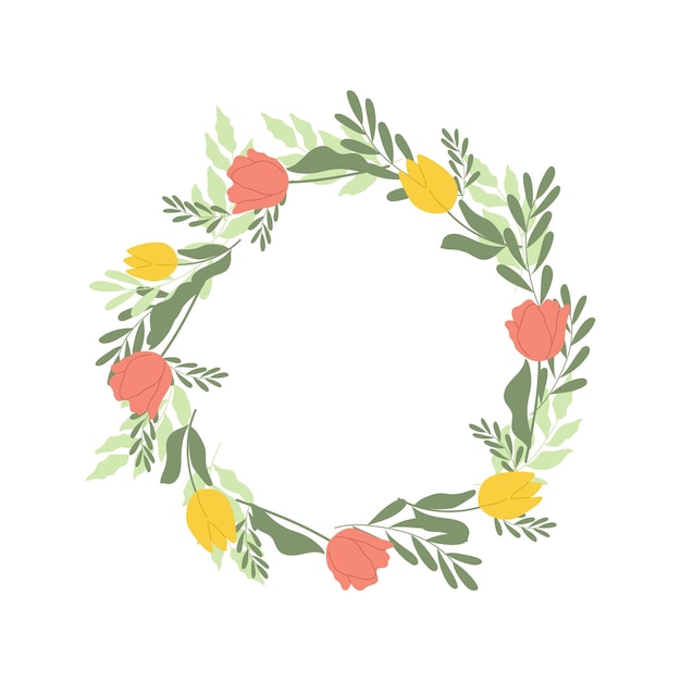 Elegant wreath with red and yellow tulips Vector round frame template