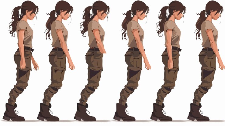 Vector elegant young brunette woman walking sideways outdoor portrait