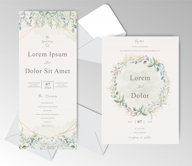 Elegante aquarel bruiloft uitnodiging kaartsjabloon met mooie bladeren