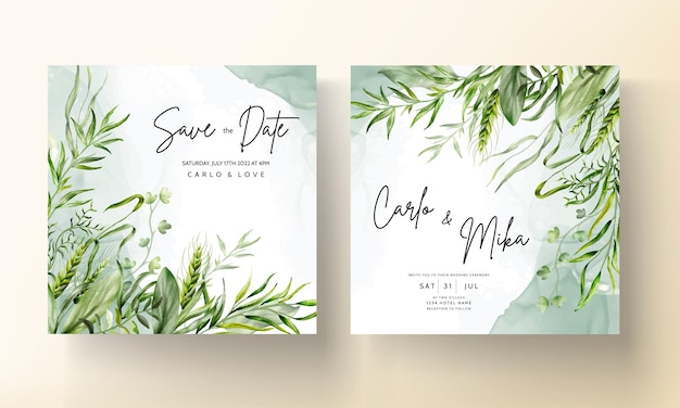 Elegante aquarel groen gras en bladeren bruiloft uitnodigingskaart set sjabloon