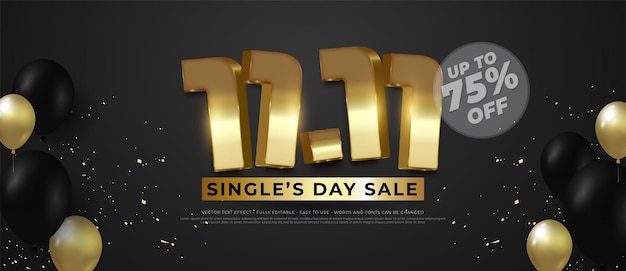 Elegante banner 1111 single's day sale achtergrond met luxe gouden 3D-teksteffect