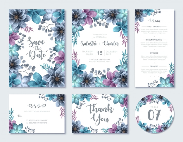 Elegante blauwe aquarel bloemen bruiloft uitnodiging kaartsjabloon instellen