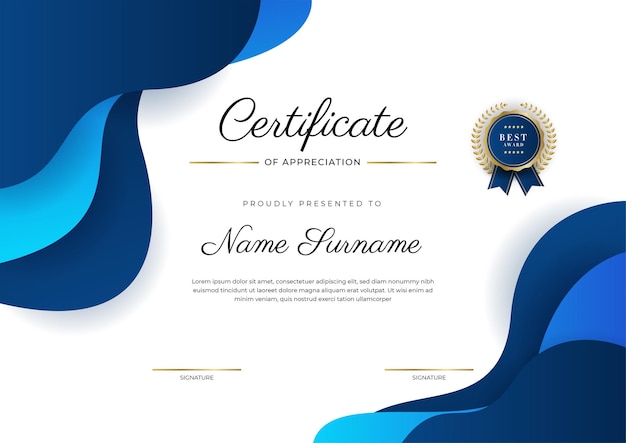 Vector elegante blauwe en gouden diploma-certificaattoekenningssjabloon