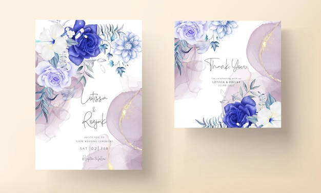 Elegante blauwe marine en paarse aquarel bloemen bruiloft uitnodigingskaarten set