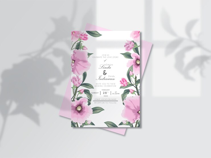 Vector elegante bloem en bladerenhuwelijksuitnodigingskaart met bloemenbekledingsschaduw