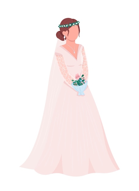 Elegante bruid met boeket semi egale kleur vector karakter. Poserend figuur. Volledige lichaamspersoon op wit. Huwelijk geïsoleerde moderne cartoon-stijl illustratie voor grafisch ontwerp en animatie