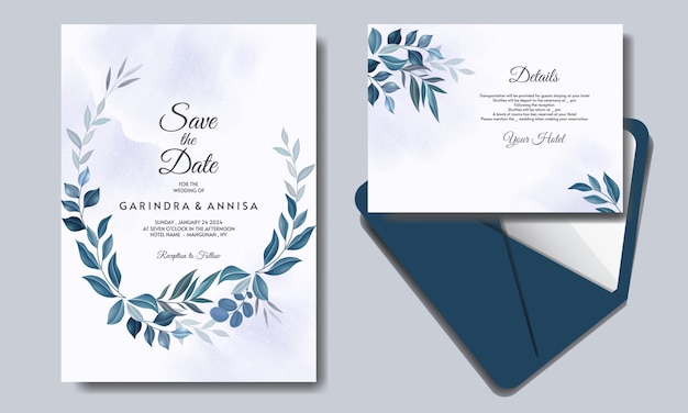Elegante bruiloft uitnodiging kaartsjabloon ingesteld met blauwe bladeren decoratie