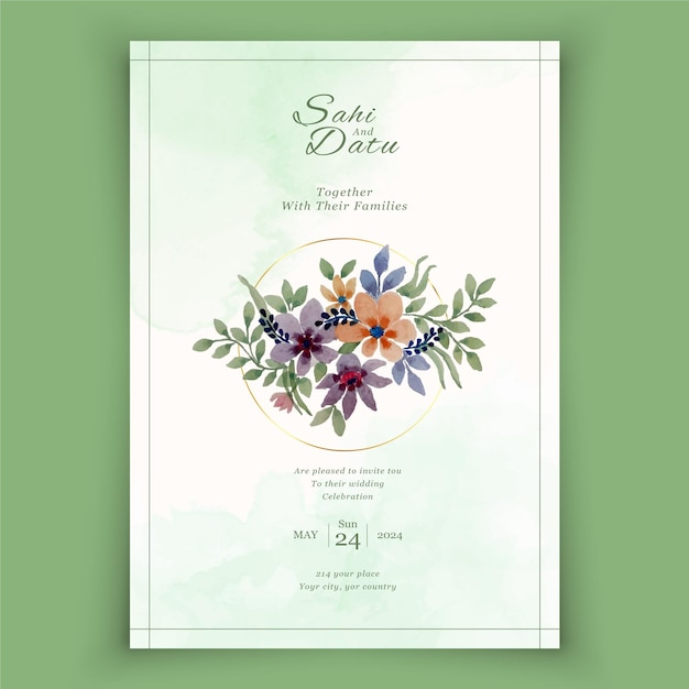 Elegante bruiloft uitnodiging kaartsjabloon met aquarel florale decoratie