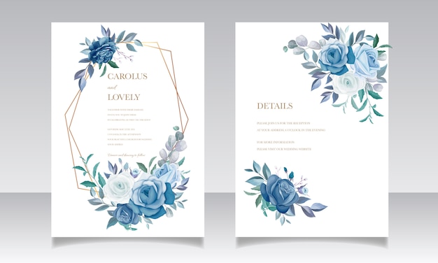 Elegante bruiloft uitnodiging kaartsjabloon met prachtige blauwe bloemen frame