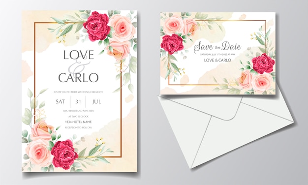 Elegante bruiloft uitnodiging met bloemen aquarel achtergrond