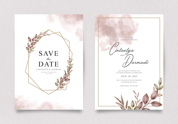 Elegante bruiloft uitnodiging sjabloon met bladeren aquarel