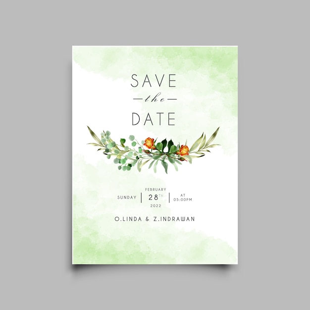 elegante bruiloft uitnodiging sjabloon met minimalistische bloemenwaterverf