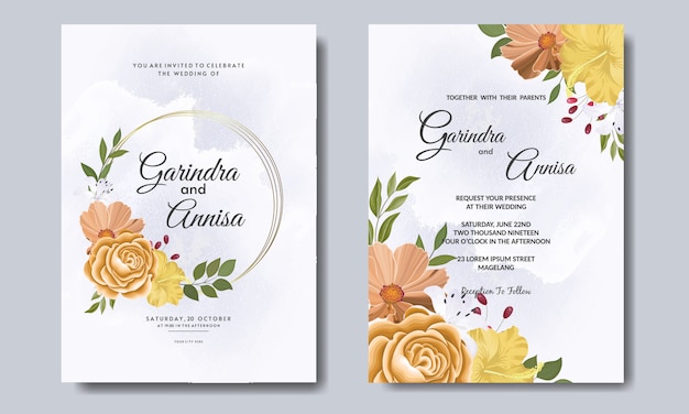 Elegante bruiloft uitnodigingskaart met mooie bloemen en bladeren sjabloon premium vector