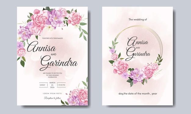 Elegante bruiloft uitnodigingskaart met mooie bloemen en bladeren sjabloon