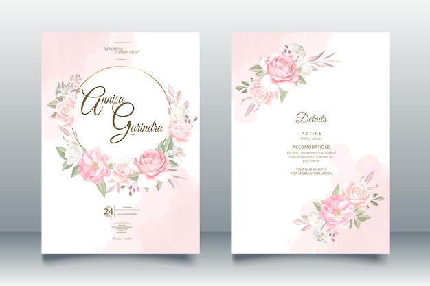 Elegante bruiloft uitnodigingskaart met prachtige bloemen en bladeren sjabloon Premium Vector