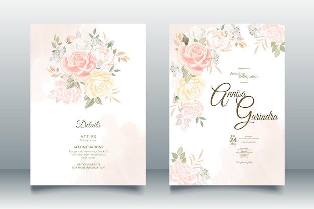 Elegante bruiloft uitnodigingskaart met prachtige bloemen en bladeren sjabloon Premium Vector