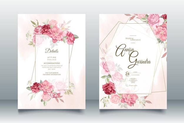 Elegante bruiloft uitnodigingskaart met prachtige bloemen en bladeren sjabloon premium vector