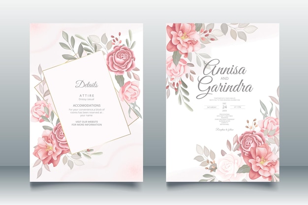Elegante bruiloft uitnodigingskaart met prachtige bloemen en bladeren sjabloon