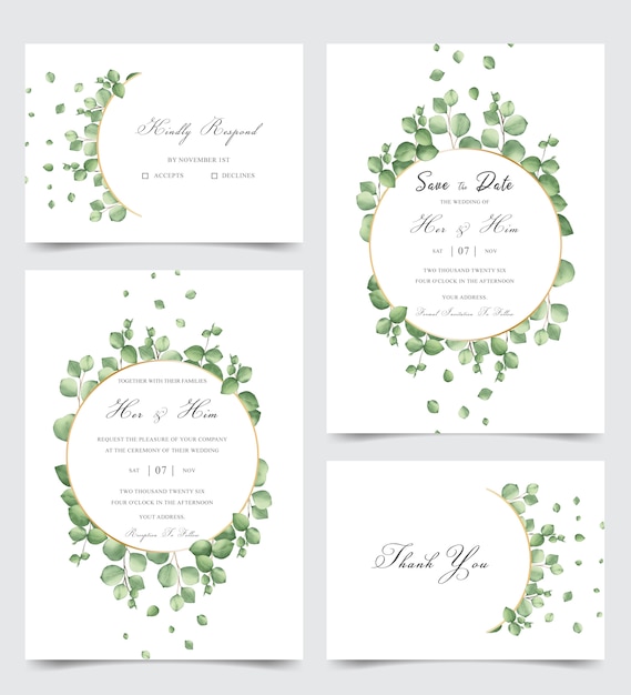Elegante bruiloft uitnodigingskaart set met groen aquarel bladeren